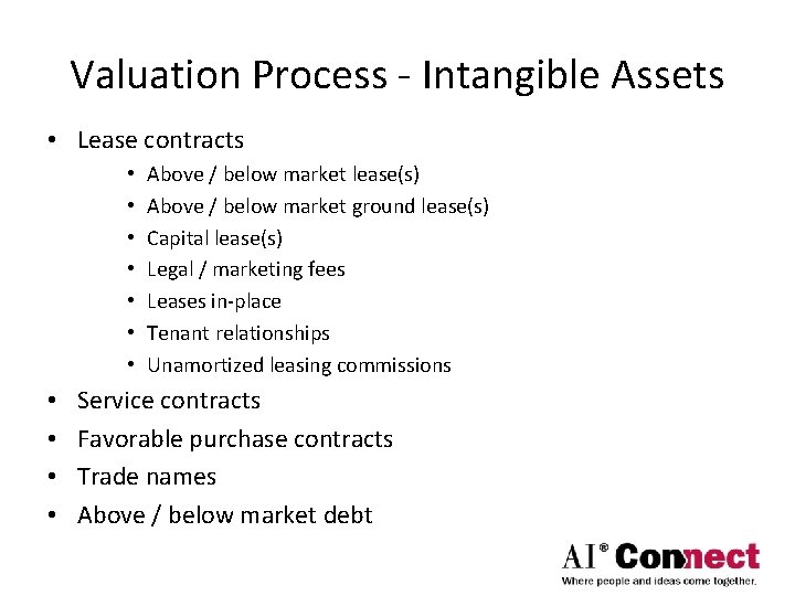 Valuation Process - Intangible Assets • Lease contracts • • • Above / below