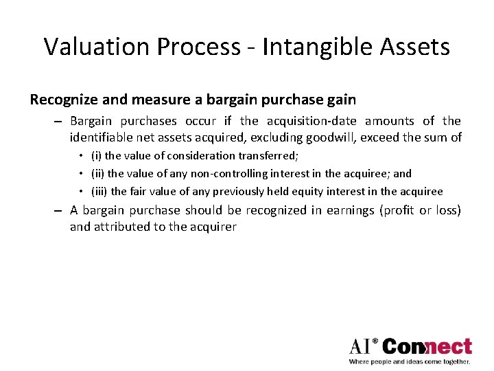 Valuation Process - Intangible Assets Recognize and measure a bargain purchase gain – Bargain