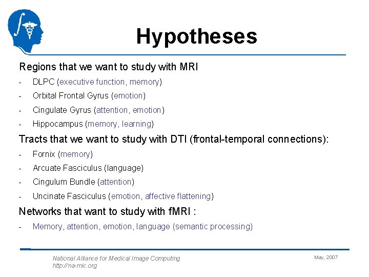 Hypotheses Regions that we want to study with MRI - DLPC (executive function, memory)