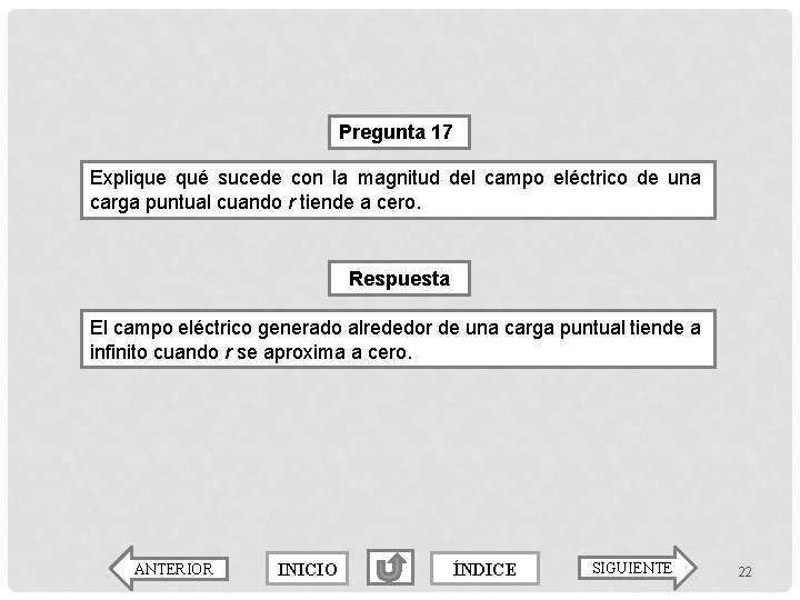 Pregunta 17 Explique qué sucede con la magnitud del campo eléctrico de una carga