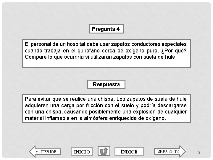 Pregunta 4 El personal de un hospital debe usar zapatos conductores especiales cuando trabaja