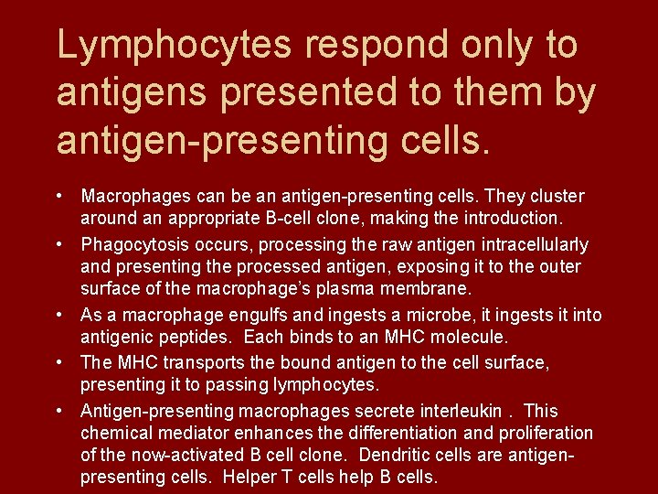 Lymphocytes respond only to antigens presented to them by antigen-presenting cells. • Macrophages can