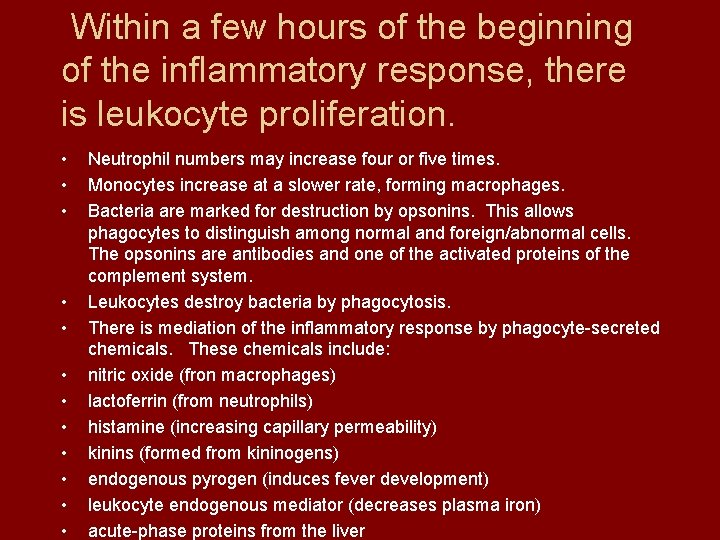 Within a few hours of the beginning of the inflammatory response, there is leukocyte