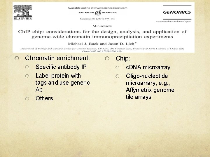 Chromatin enrichment: Chip: Specific antibody IP c. DNA microarray Label protein with tags and
