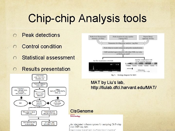 Chip-chip Analysis tools Peak detections Control condition Statistical assessment Results presentation MAT by Liu’s