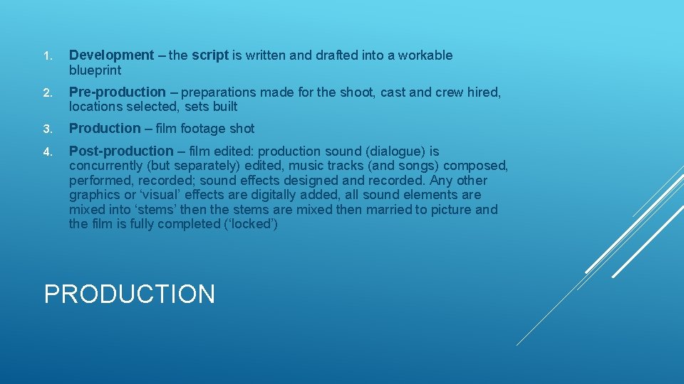 1. Development – the script is written and drafted into a workable blueprint 2.