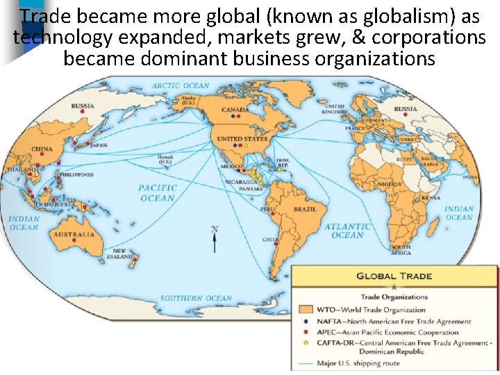 Trade became more global (known as globalism) as technology expanded, markets grew, & corporations