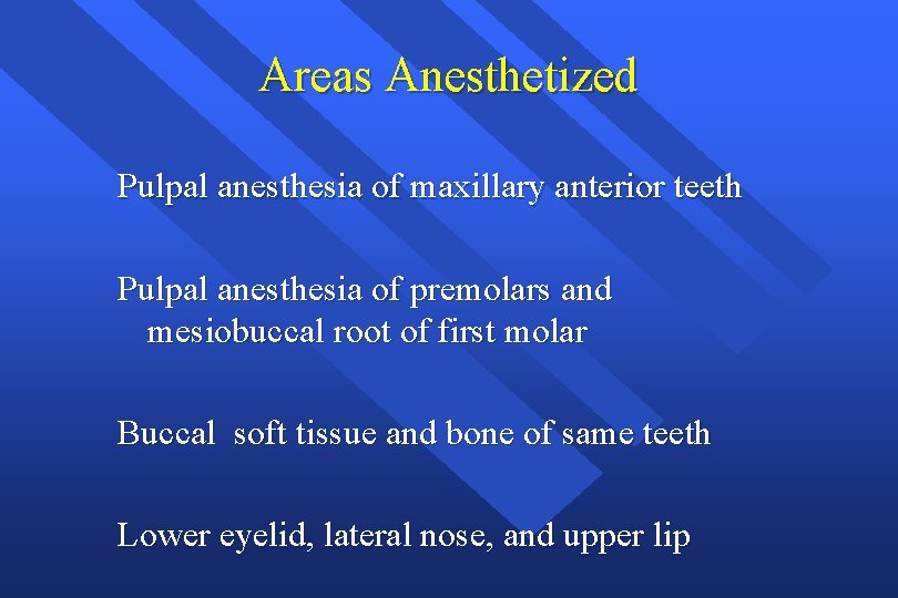 Areas Anesthetized Pulpal anesthesia of maxillary anterior teeth Pulpal anesthesia of premolars and mesiobuccal