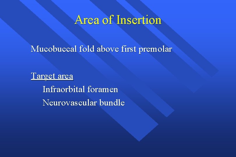 Area of Insertion Mucobuccal fold above first premolar Target area Infraorbital foramen Neurovascular bundle