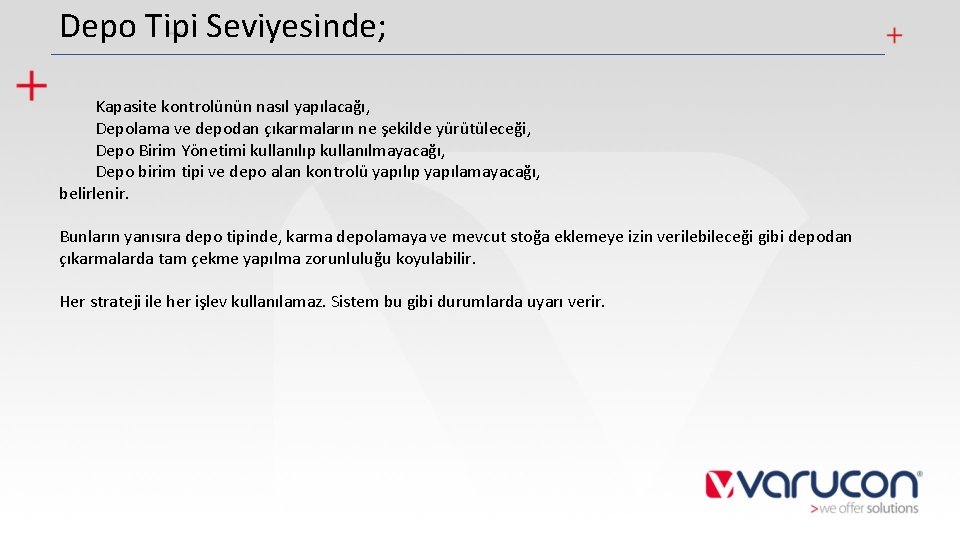 Depo Tipi Seviyesinde; Kapasite kontrolünün nasıl yapılacağı, Depolama ve depodan çıkarmaların ne şekilde yürütüleceği,