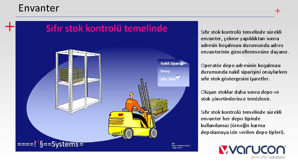 Envanter Sıfır stok kontrolü temelinde sürekli envanter, çekme yapıldıktan sonra adresin boşalması durumunda adres