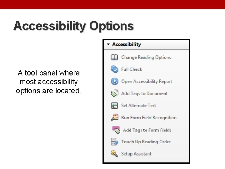 Accessibility Options A tool panel where most accessibility options are located. 