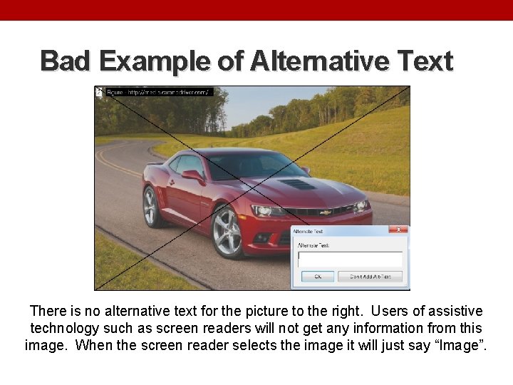 Bad Example of Alternative Text There is no alternative text for the picture to