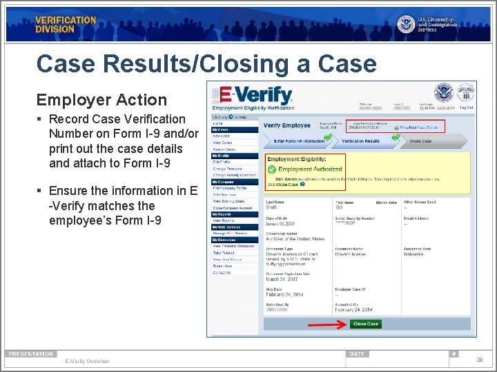 Case Results/Closing a Case Employer Action § Record Case Verification Number on Form I-9