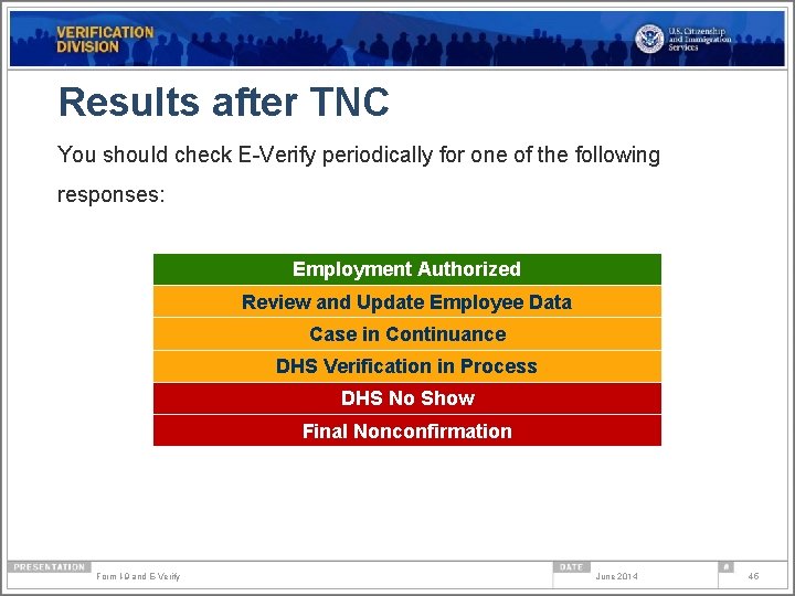 Results after TNC You should check E-Verify periodically for one of the following responses:
