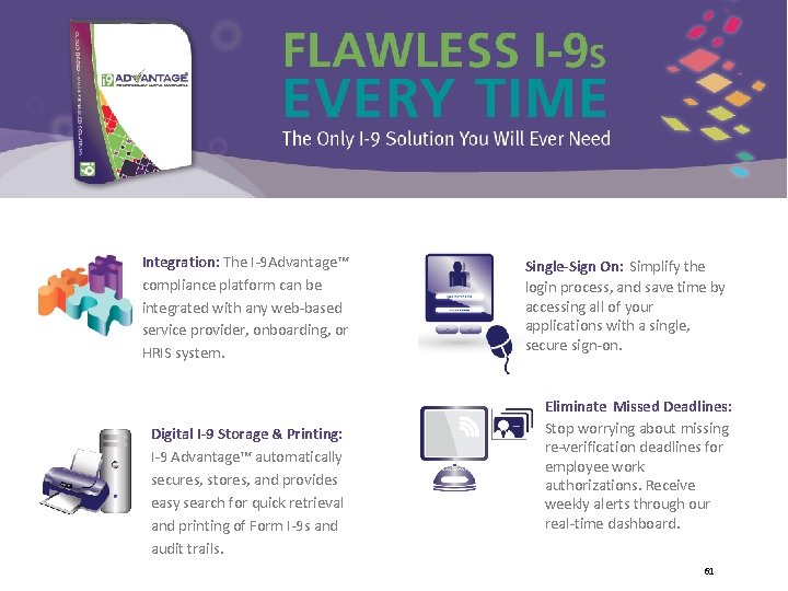 Integration: The I-9 Advantage™ compliance platform can be integrated with any web-based service provider,