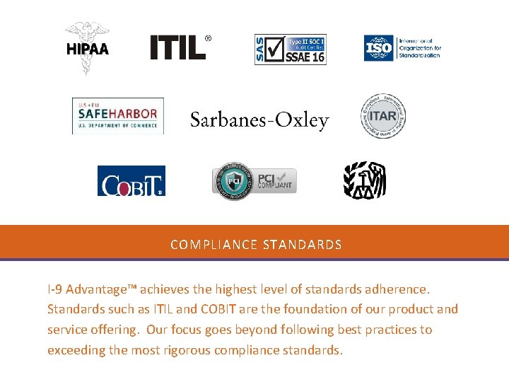 COMPLIANCE STANDARDS I-9 Advantage™ achieves the highest level of standards adherence. Standards such as