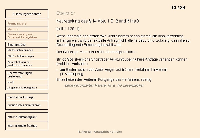 10 / 39 Zulassungsverfahren Fremdanträge allgemein Finanzverwaltung und Sozialversicherungsträger Eigenanträge Mindestanforderungen ESUG - Anforderungen