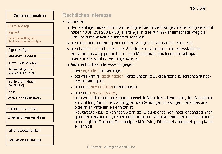 12 / 39 Zulassungsverfahren Fremdanträge allgemein Finanzverwaltung und Sozialversicherungsträger Eigenanträge Mindestanforderungen ESUG - Anforderungen