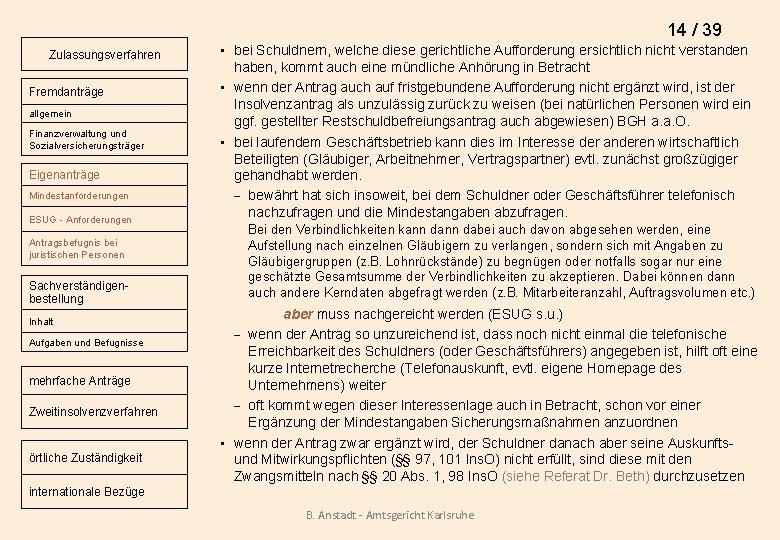 14 / 39 Zulassungsverfahren Fremdanträge allgemein Finanzverwaltung und Sozialversicherungsträger Eigenanträge Mindestanforderungen ESUG - Anforderungen