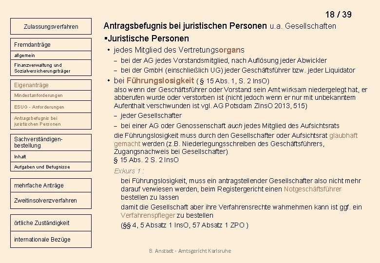18 / 39 Zulassungsverfahren Fremdanträge allgemein Finanzverwaltung und Sozialversicherungsträger Eigenanträge Mindestanforderungen ESUG - Anforderungen