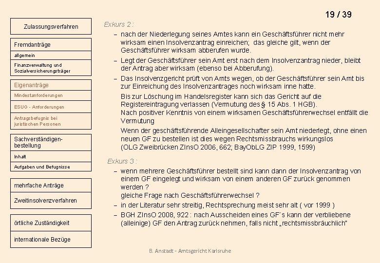 19 / 39 Zulassungsverfahren Fremdanträge allgemein Finanzverwaltung und Sozialversicherungsträger Eigenanträge Mindestanforderungen ESUG - Anforderungen