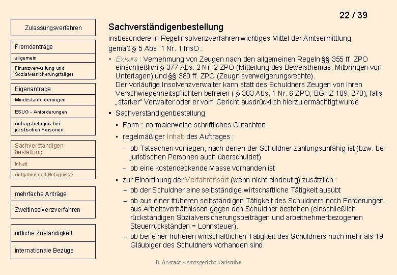 22 / 39 Zulassungsverfahren Fremdanträge allgemein Finanzverwaltung und Sozialversicherungsträger Eigenanträge Mindestanforderungen ESUG - Anforderungen