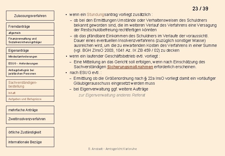 23 / 39 Zulassungsverfahren Fremdanträge allgemein Finanzverwaltung und Sozialversicherungsträger Eigenanträge Mindestanforderungen ESUG - Anforderungen