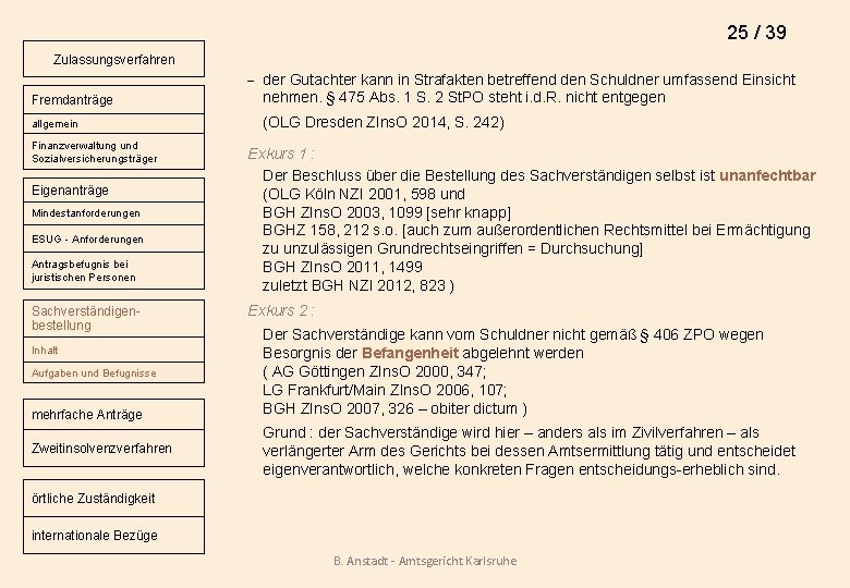 25 / 39 Zulassungsverfahren Fremdanträge allgemein Finanzverwaltung und Sozialversicherungsträger Eigenanträge Mindestanforderungen ESUG - Anforderungen