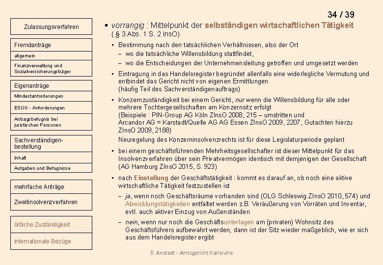 34 / 39 Zulassungsverfahren § vorrangig : Mittelpunkt der selbständigen wirtschaftlichen Tätigkeit ( §