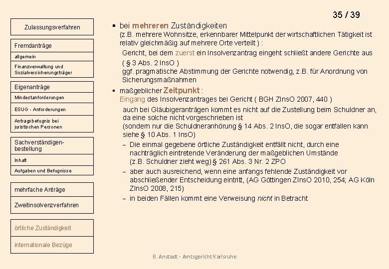 35 / 39 Zulassungsverfahren Fremdanträge allgemein Finanzverwaltung und Sozialversicherungsträger Eigenanträge Mindestanforderungen ESUG - Anforderungen