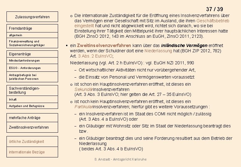 37 / 39 Zulassungsverfahren Fremdanträge allgemein Finanzverwaltung und Sozialversicherungsträger Eigenanträge Mindestanforderungen o Die internationale