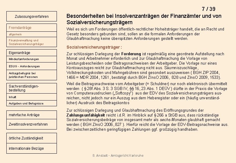 Zulassungsverfahren Fremdanträge allgemein Finanzverwaltung und Sozialversicherungsträger Eigenanträge Mindestanforderungen ESUG - Anforderungen Antragsbefugnis bei juristischen