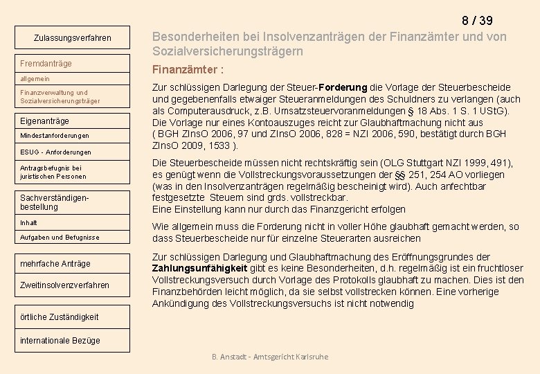 Zulassungsverfahren Fremdanträge allgemein Finanzverwaltung und Sozialversicherungsträger Eigenanträge Mindestanforderungen ESUG - Anforderungen Antragsbefugnis bei juristischen