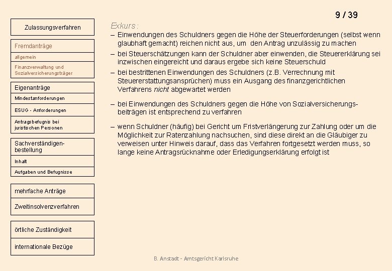 9 / 39 Zulassungsverfahren Fremdanträge allgemein Finanzverwaltung und Sozialversicherungsträger Eigenanträge Mindestanforderungen ESUG - Anforderungen