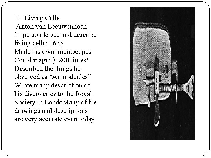 1 st Living Cells Anton van Leeuwenhoek 1 st person to see and describe