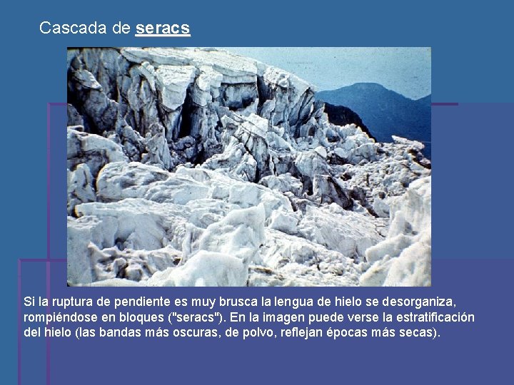 Cascada de seracs Si la ruptura de pendiente es muy brusca la lengua de