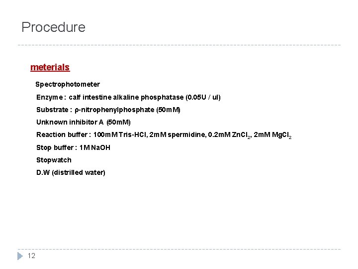 Procedure meterials Spectrophotometer Enzyme : calf intestine alkaline phosphatase (0. 05 U / ul)
