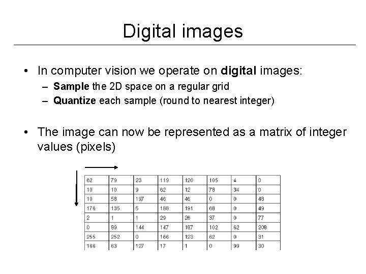Digital images • In computer vision we operate on digital images: – Sample the
