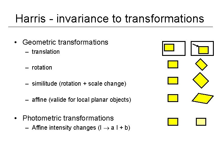 Harris - invariance to transformations • Geometric transformations – translation – rotation – similitude