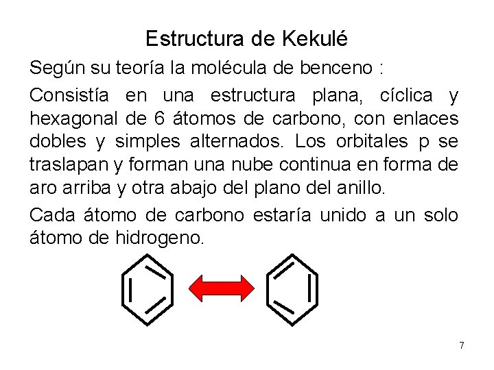 Estructura de Kekulé Según su teoría la molécula de benceno : Consistía en una