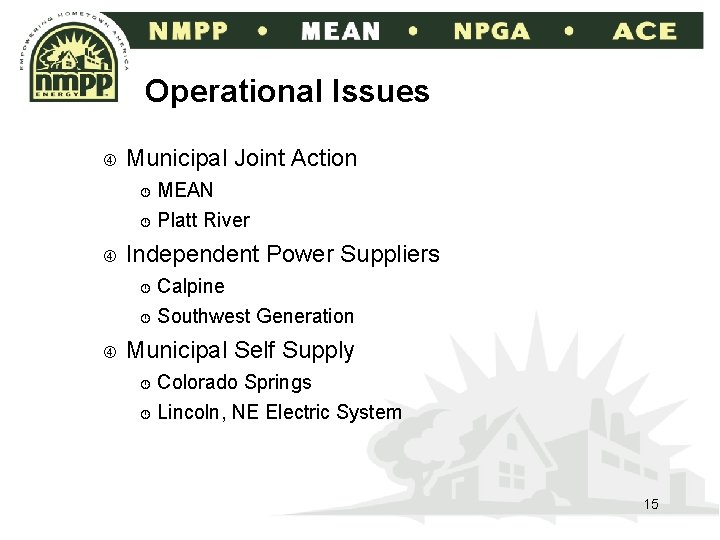 Operational Issues Municipal Joint Action ¾ MEAN ¾ Platt River Independent Power Suppliers Calpine