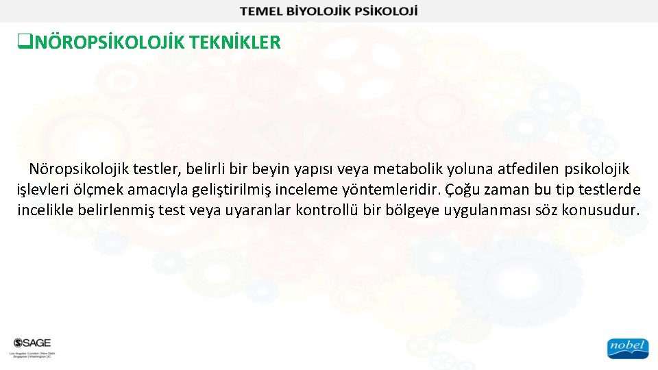 q. NÖROPSİKOLOJİK TEKNİKLER Nöropsikolojik testler, belirli bir beyin yapısı veya metabolik yoluna atfedilen psikolojik