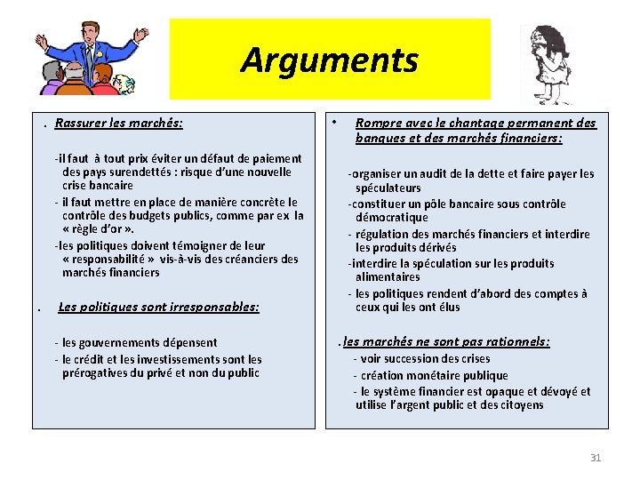 Arguments . Rassurer les marchés: -il faut à tout prix éviter un défaut de