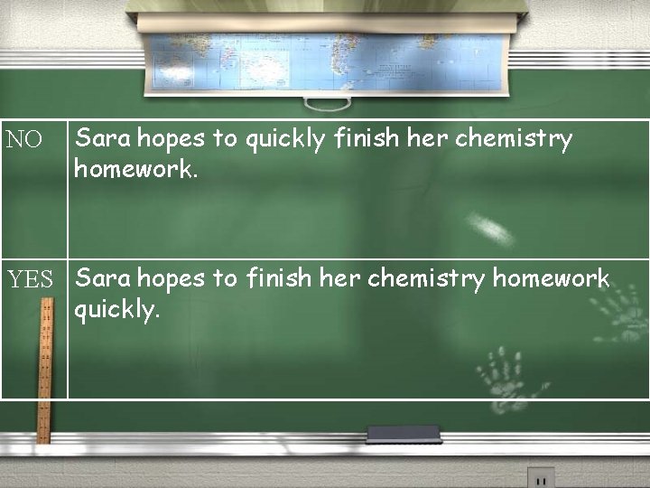 NO Sara hopes to quickly finish her chemistry homework. YES Sara hopes to finish