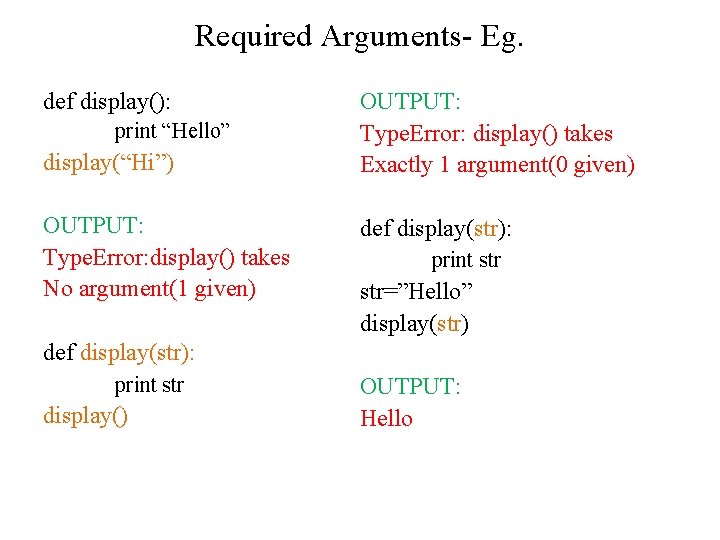 Required Arguments- Eg. def display(): print “Hello” display(“Hi”) OUTPUT: Type. Error: display() takes No Required Arguments- Eg. def display(): print “Hello” display(“Hi”) OUTPUT: Type. Error: display() takes No