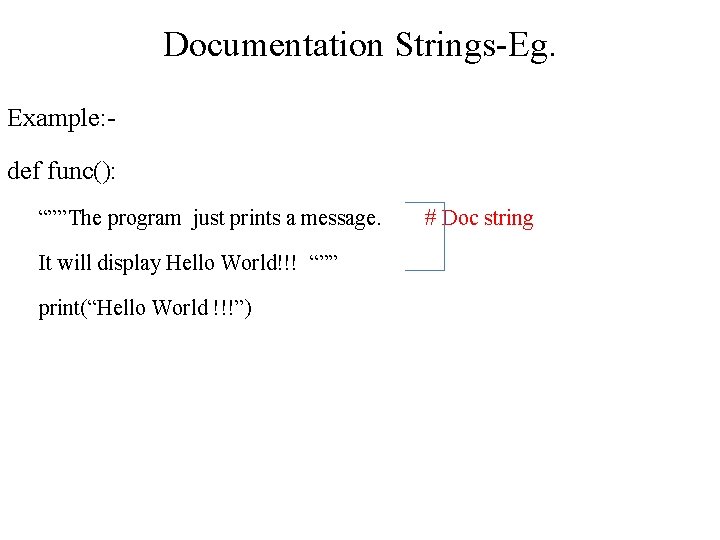Documentation Strings-Eg. Example: def func(): “””The program just prints a message. It will display Documentation Strings-Eg. Example: def func(): “””The program just prints a message. It will display