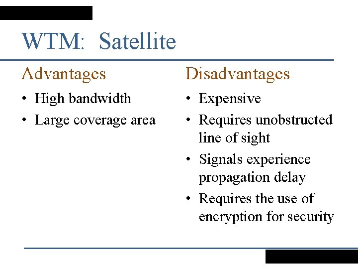 WTM: Satellite Advantages Disadvantages • High bandwidth • Large coverage area • Expensive •