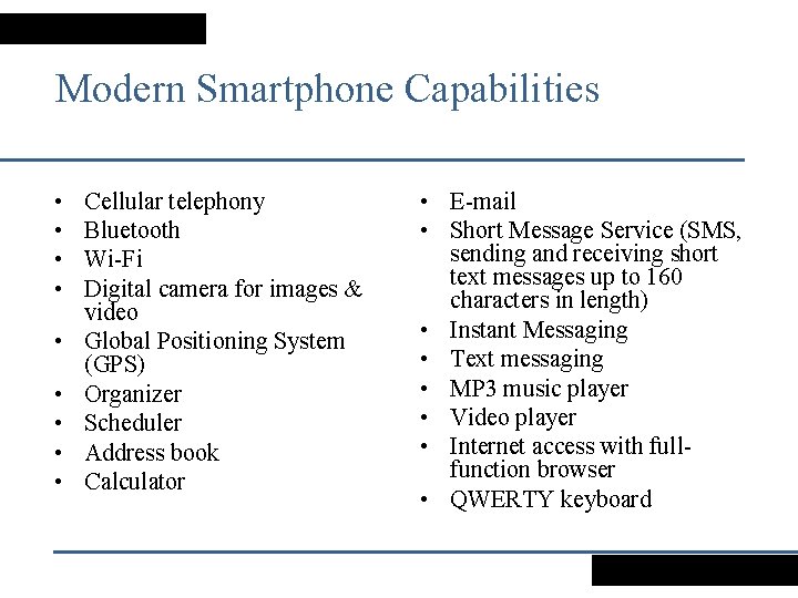 Modern Smartphone Capabilities • • • Cellular telephony Bluetooth Wi-Fi Digital camera for images Modern Smartphone Capabilities • • • Cellular telephony Bluetooth Wi-Fi Digital camera for images