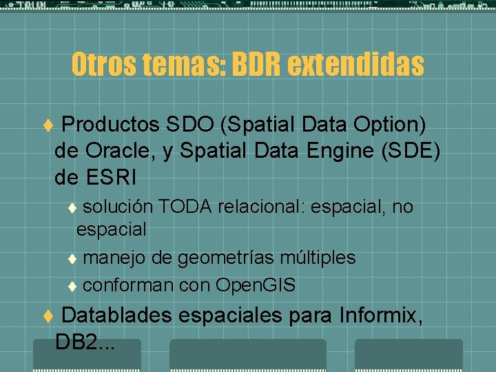 Otros temas: BDR extendidas Productos SDO (Spatial Data Option) de Oracle, y Spatial Data